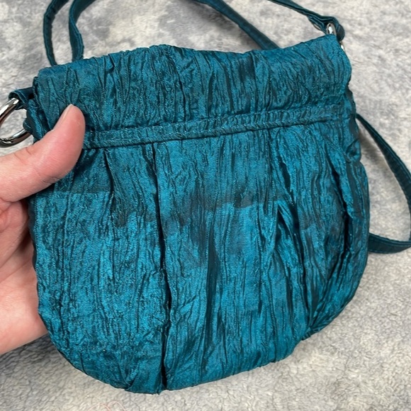 Fashion Express Shiny Crinkle Satin Bow Flap Small Evening Bag Crossbody Blue - Picture 4 of 10